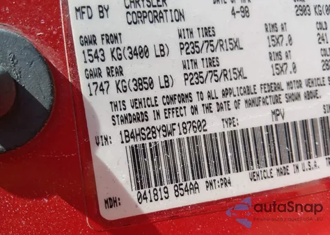 1998 Dodge Durango Slt из США, поврежденный, VIN 1B4HS28Y9WF187602